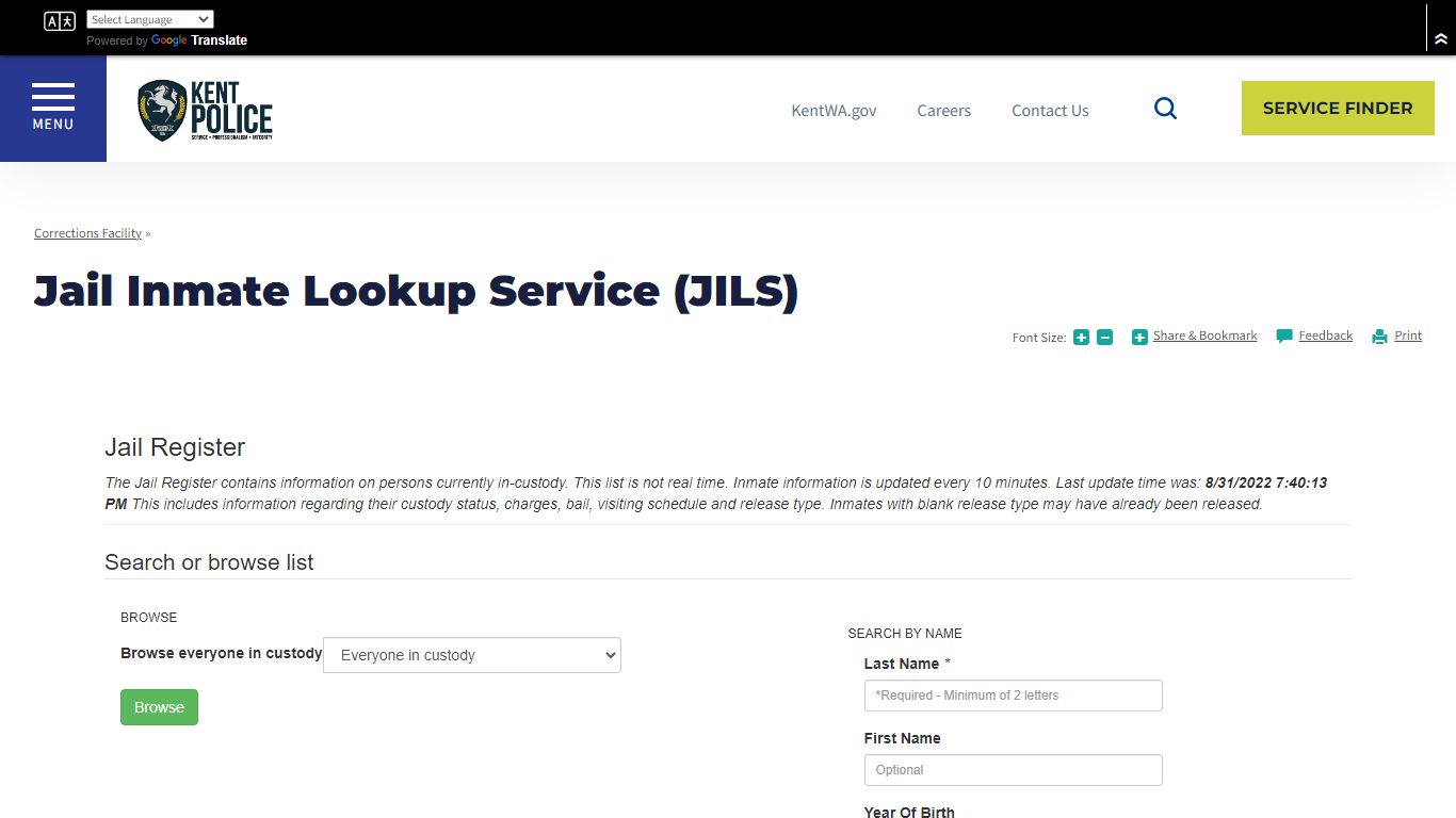 Jail Inmate Lookup Service (JILS) | City of Kent